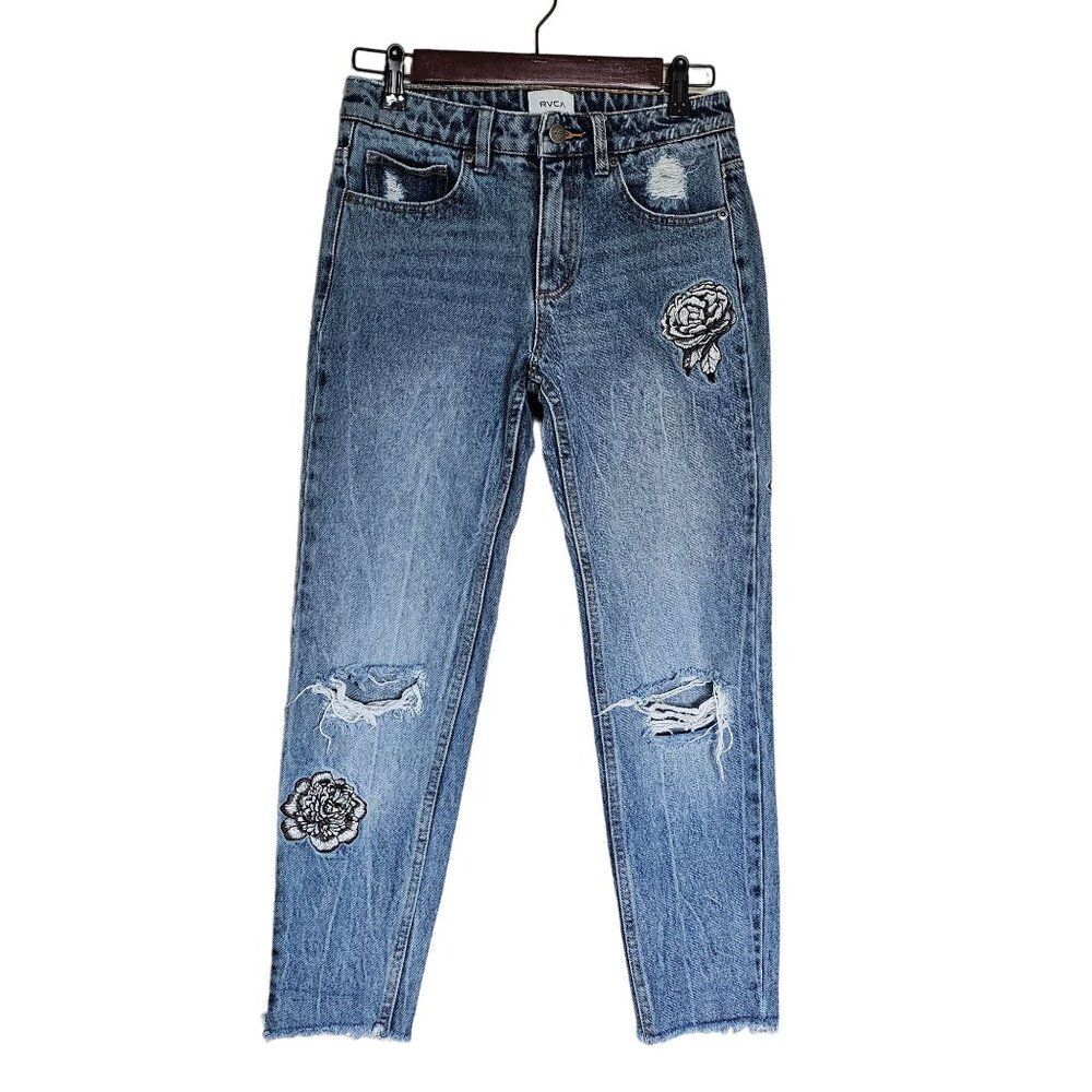 RVCA Embroidered Jeans Kewl Kid Mid Rise Narrow Womens 26 Ripped Knee Ankle Cut